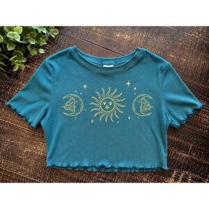Y2K Celestial Baby Tee Sun Moon Ribbed Crop Top Grayson Threads L